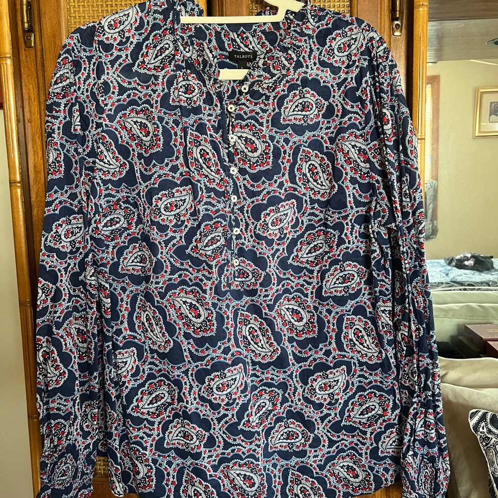 Talbots Navy Paisley Button-Down Shirt with Red and White Accents